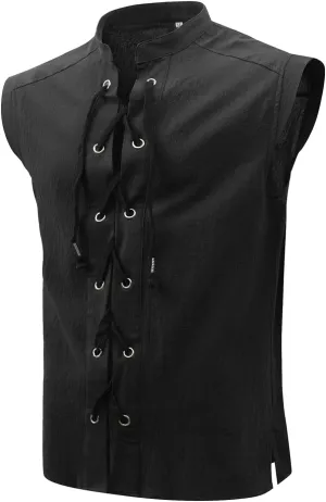Mens Renaissance Sleeveless Shirts,Lace up Front Viking Pirate Shirt,Medieval Costume Halloween Tops