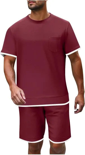 Mens Short Sets 2 Piece Outfits Stylish Textured Summer Lounge Clothing Sets T-Shirt and Shorts Athletic Tracksuit