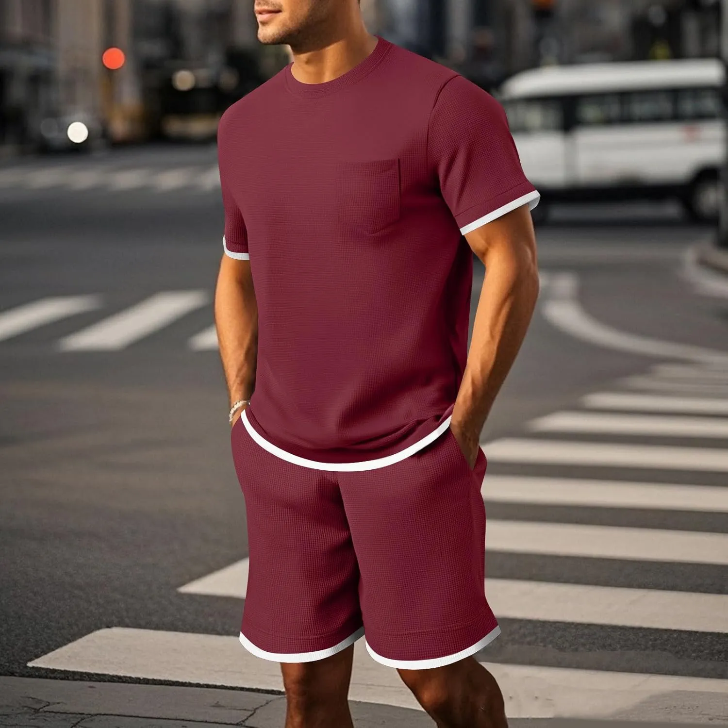 Mens Short Sets 2 Piece Outfits Stylish Textured Summer Lounge Clothing Sets T-Shirt and Shorts Athletic Tracksuit