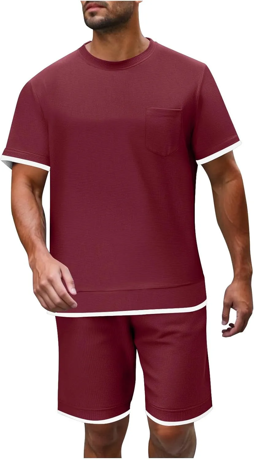 Mens Short Sets 2 Piece Outfits Stylish Textured Summer Lounge Clothing Sets T-Shirt and Shorts Athletic Tracksuit