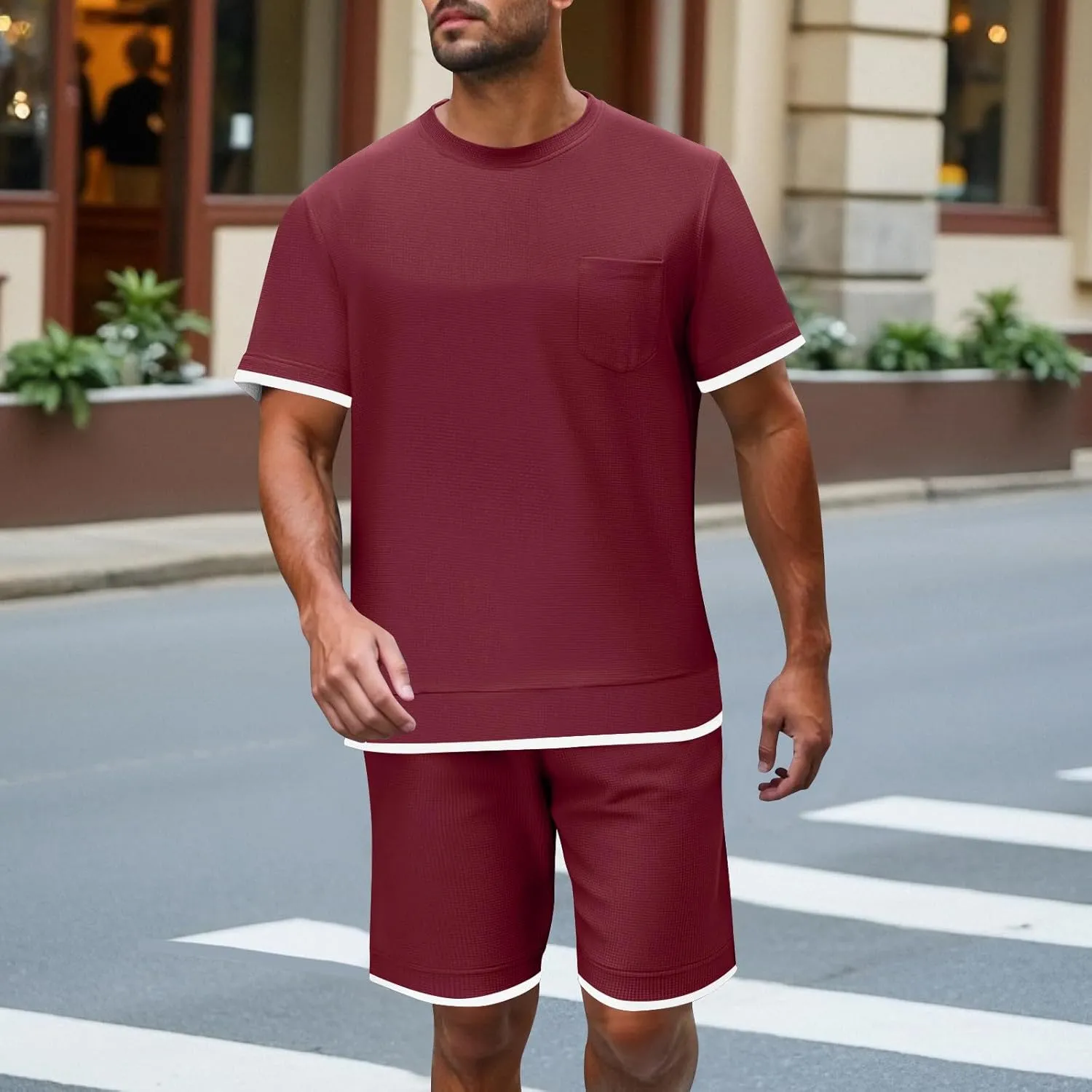 Mens Short Sets 2 Piece Outfits Stylish Textured Summer Lounge Clothing Sets T-Shirt and Shorts Athletic Tracksuit