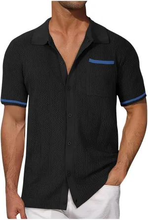 Men's Short Sleeve Knit Shirt Vintage Loose Button Down Lapel Solid Blouses Summer Casual Retro Workout Shirts