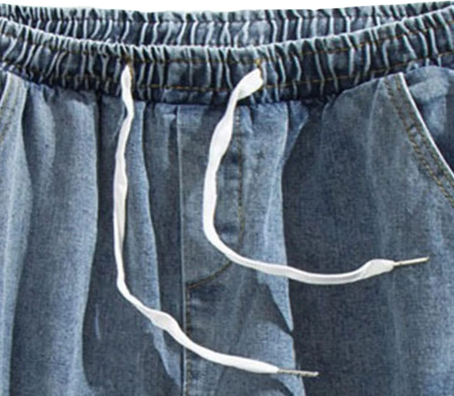 Men's Side Pockets Drawstring Denim Shorts Elastic Waist Cargo Straight Jean Shorts Wash Short Wide Leg Jeans