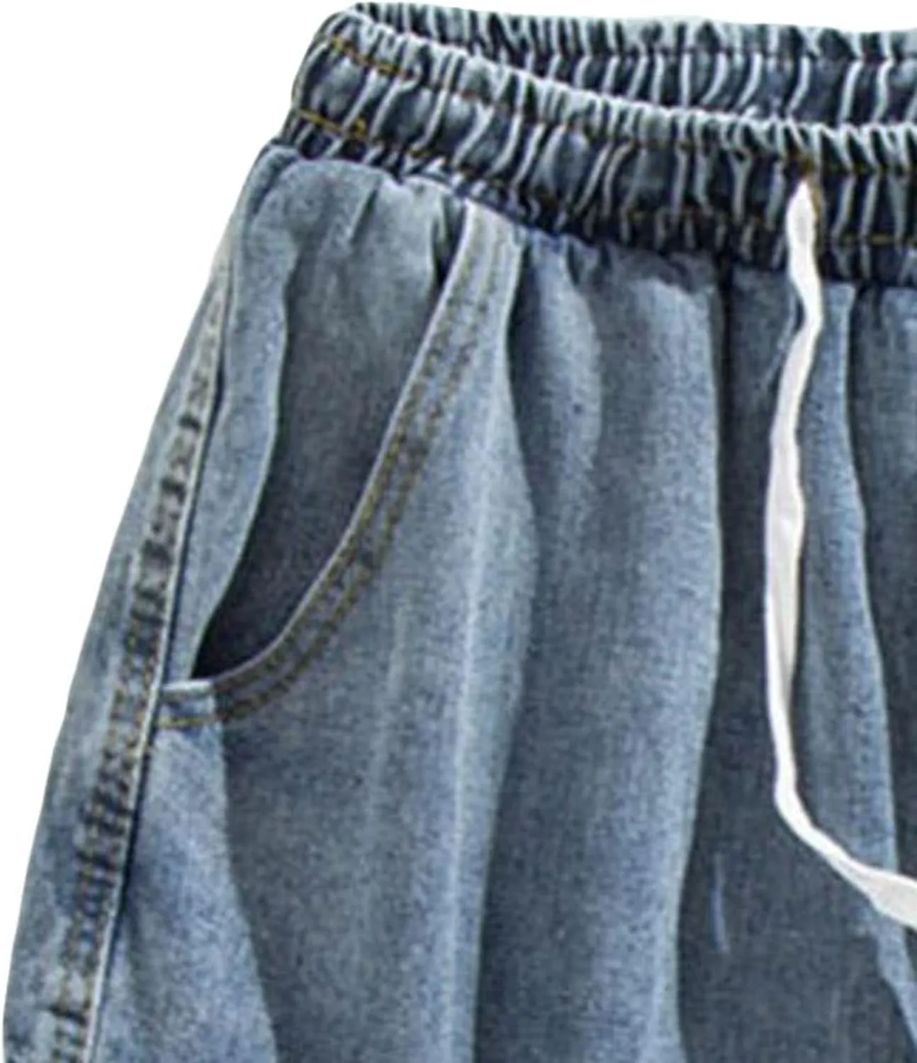 Men's Side Pockets Drawstring Denim Shorts Elastic Waist Cargo Straight Jean Shorts Wash Short Wide Leg Jeans