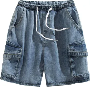 Men's Side Pockets Drawstring Denim Shorts Elastic Waist Cargo Straight Jean Shorts Wash Short Wide Leg Jeans
