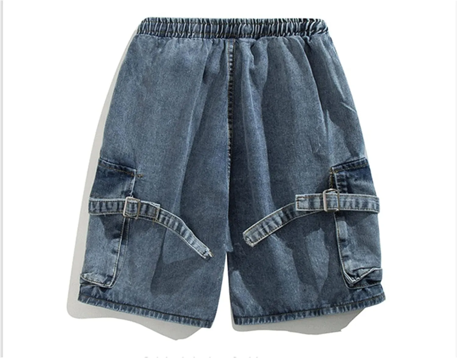 Men's Side Pockets Drawstring Denim Shorts Elastic Waist Cargo Straight Jean Shorts Wash Short Wide Leg Jeans