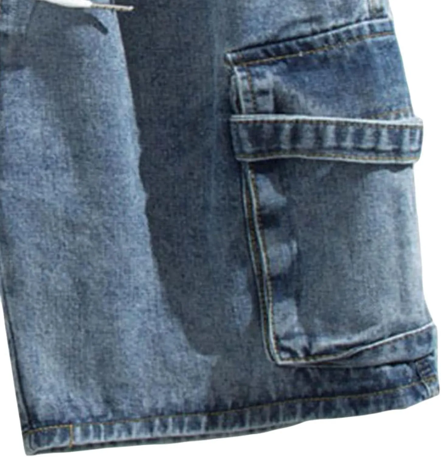 Men's Side Pockets Drawstring Denim Shorts Elastic Waist Cargo Straight Jean Shorts Wash Short Wide Leg Jeans