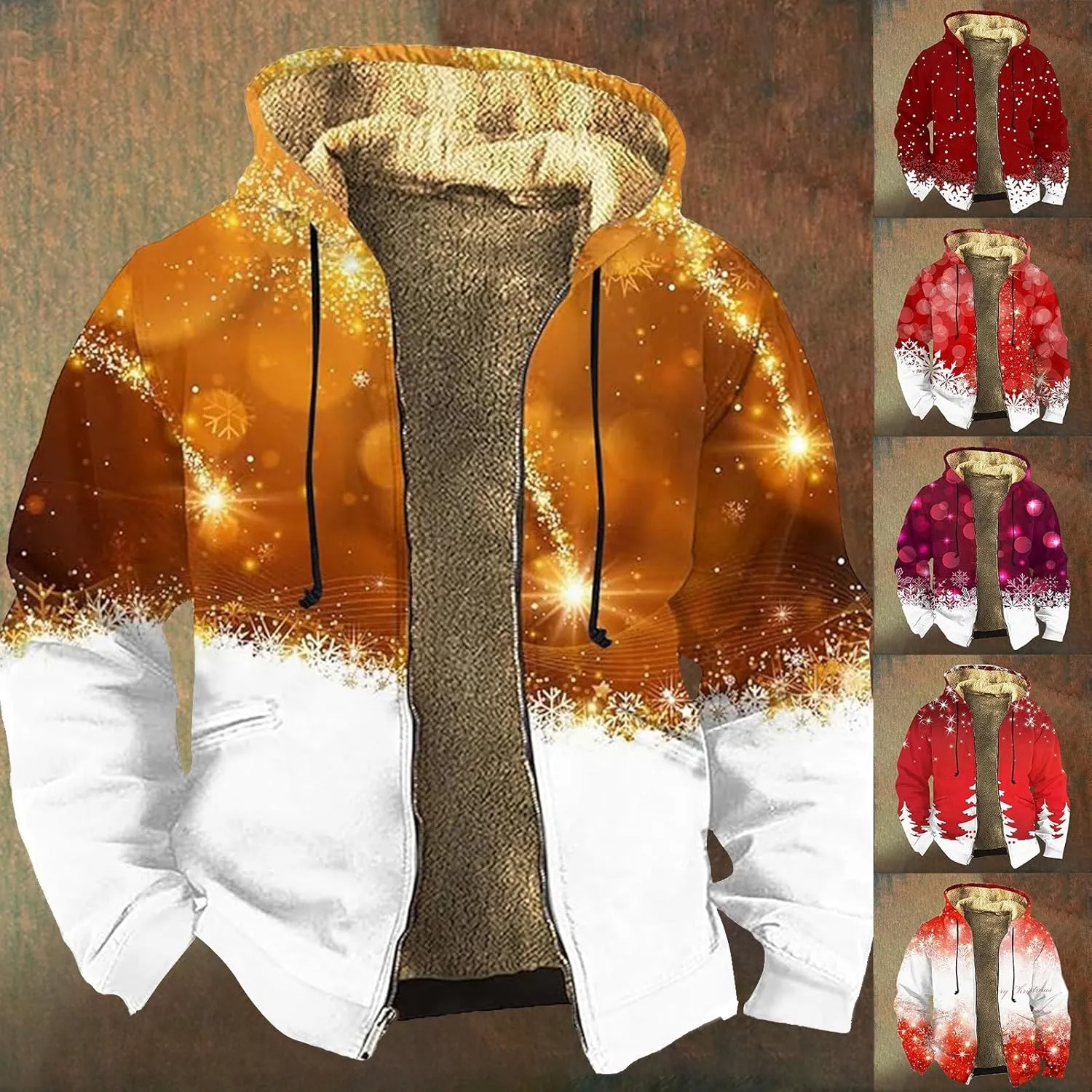 Men's Snowflake Christmas Tree Print Xmas Sweatshirt Christmas Fleece Hoodie Jacket Holiday Party Thermal Outfits