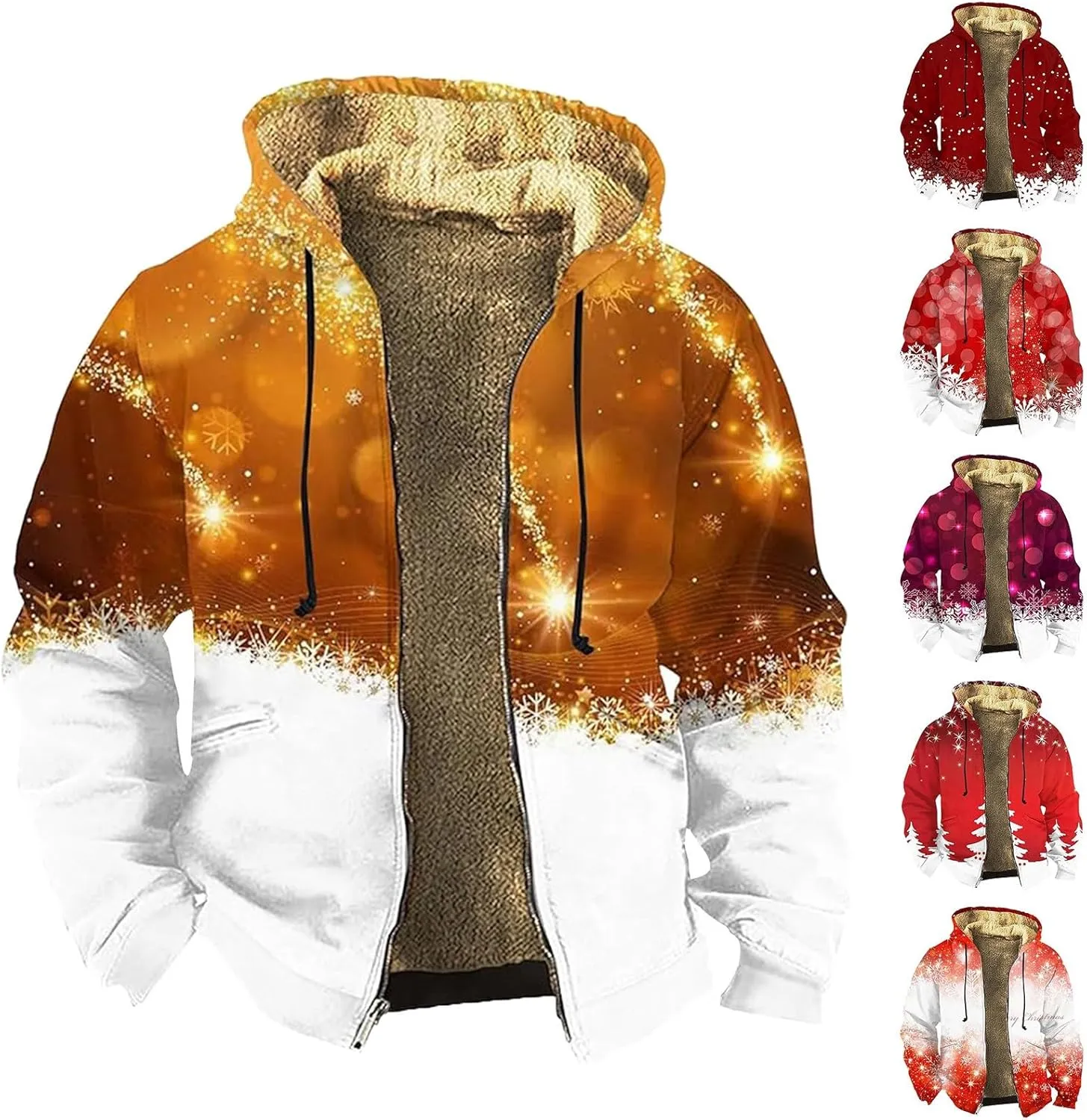 Men's Snowflake Christmas Tree Print Xmas Sweatshirt Christmas Fleece Hoodie Jacket Holiday Party Thermal Outfits