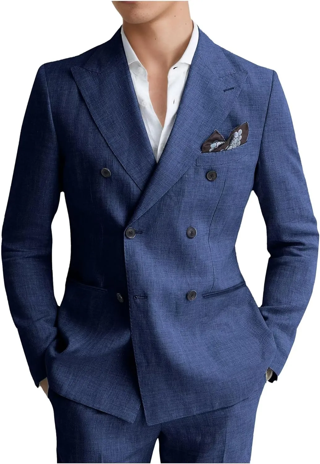 Mens Suits Linen 2 Piece Suit for Men Peak Lapel Slim Fit Suits Set Double Breasted Tuxedos for Wedding Prom