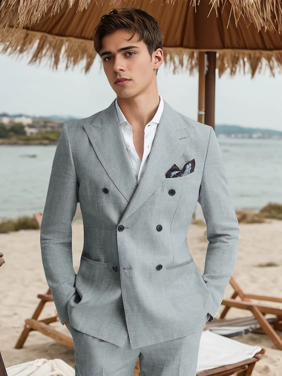 Mens Suits Linen 2 Piece Suit for Men Peak Lapel Slim Fit Suits Set Double Breasted Tuxedos for Wedding Prom