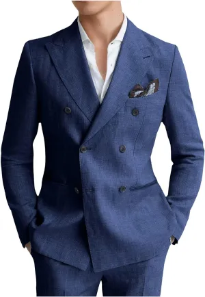 Mens Suits Linen 2 Piece Suit for Men Peak Lapel Slim Fit Suits Set Double Breasted Tuxedos for Wedding Prom