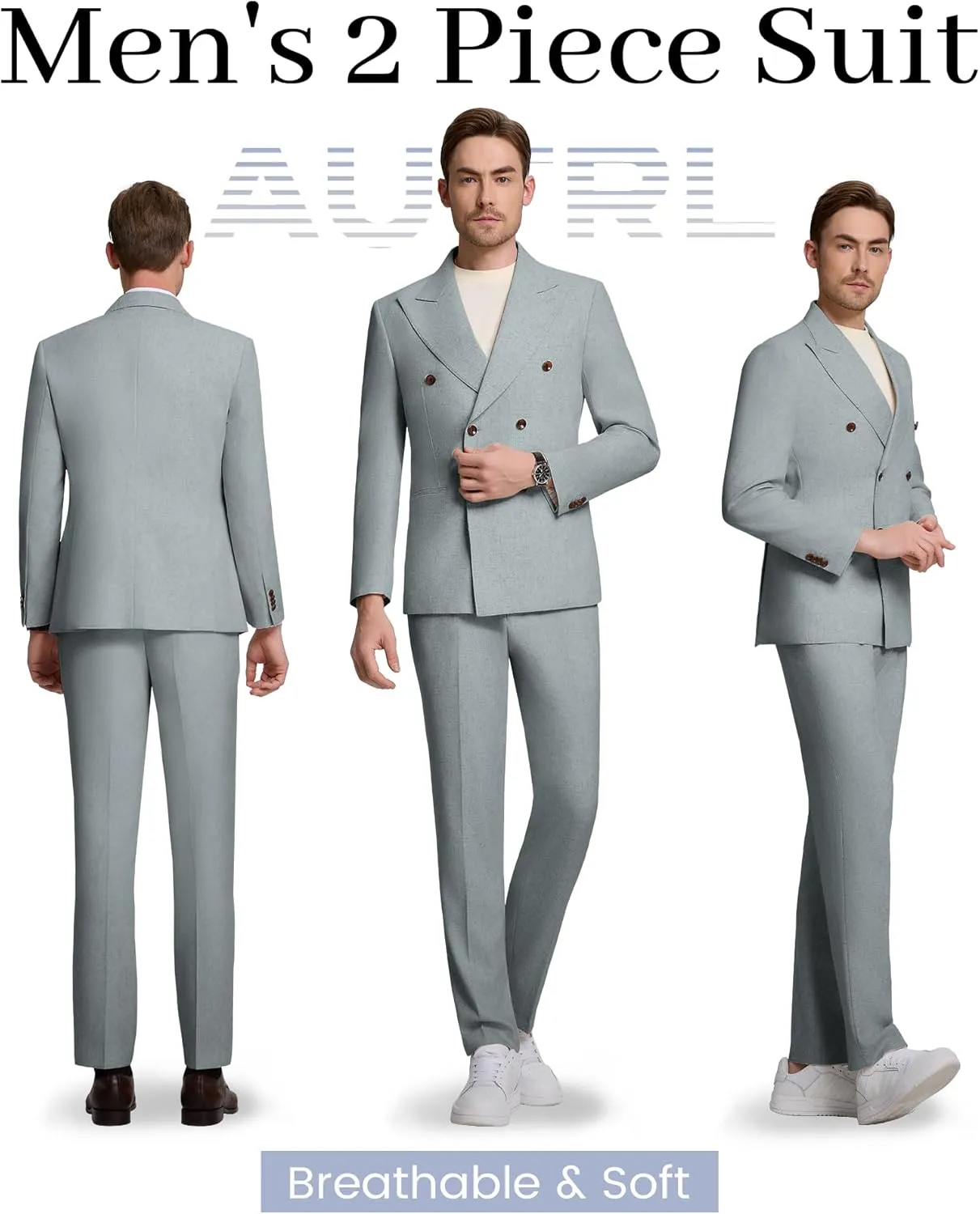 Mens Suits Linen 2 Piece Suit for Men Peak Lapel Slim Fit Suits Set Double Breasted Tuxedos for Wedding Prom