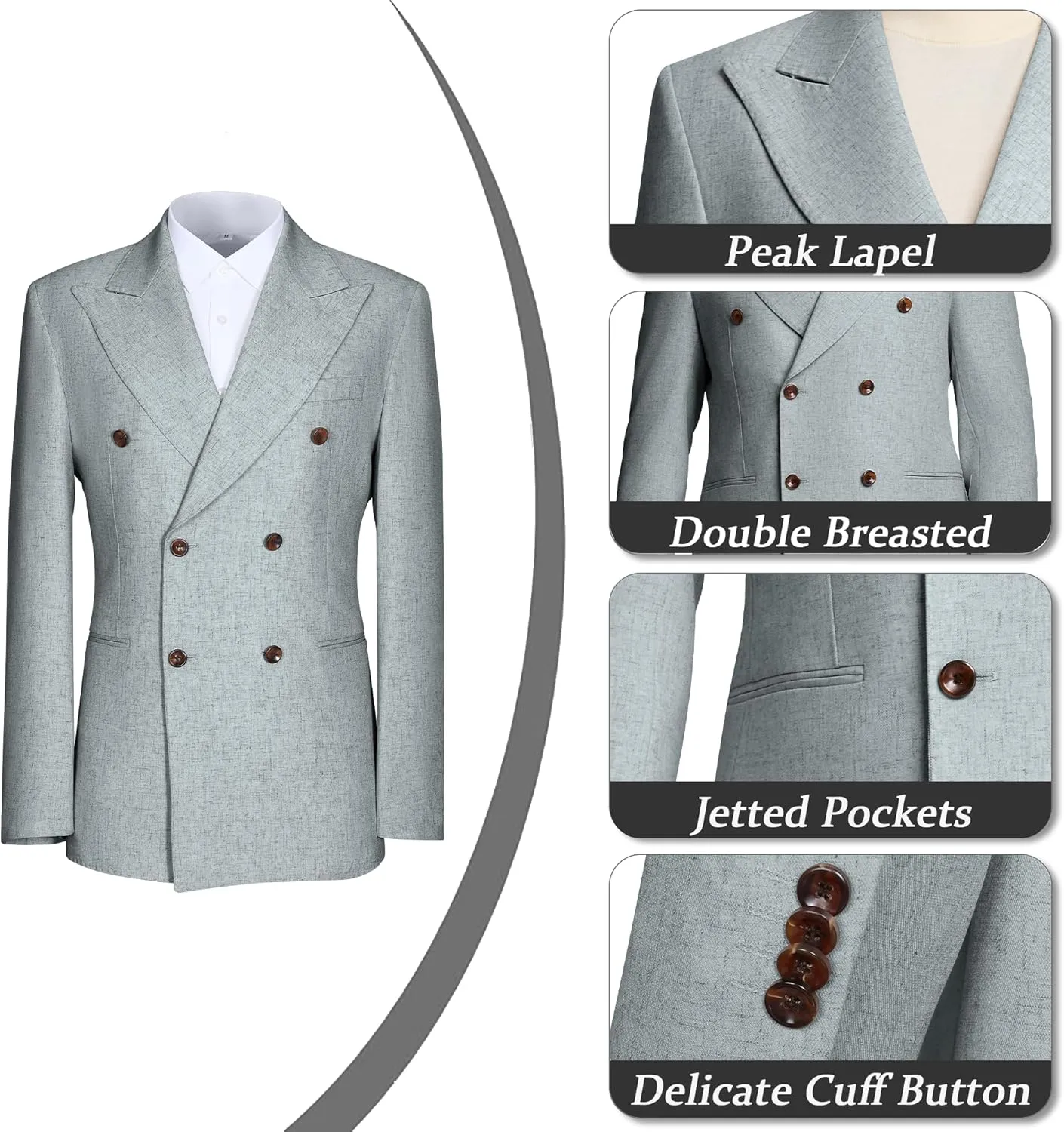 Mens Suits Linen 2 Piece Suit for Men Peak Lapel Slim Fit Suits Set Double Breasted Tuxedos for Wedding Prom
