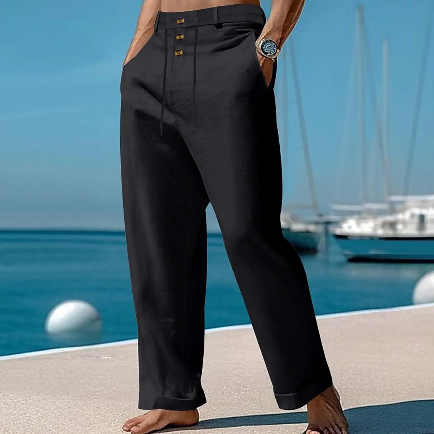 Mens Summer Beach Linen Pants Drawstring Elastic Waist Button Down Casual Trousers Lightweight Loose Fit Yoga Pants