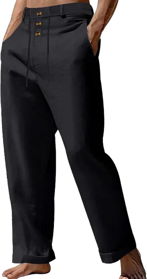 Mens Summer Beach Linen Pants Drawstring Elastic Waist Button Down Casual Trousers Lightweight Loose Fit Yoga Pants