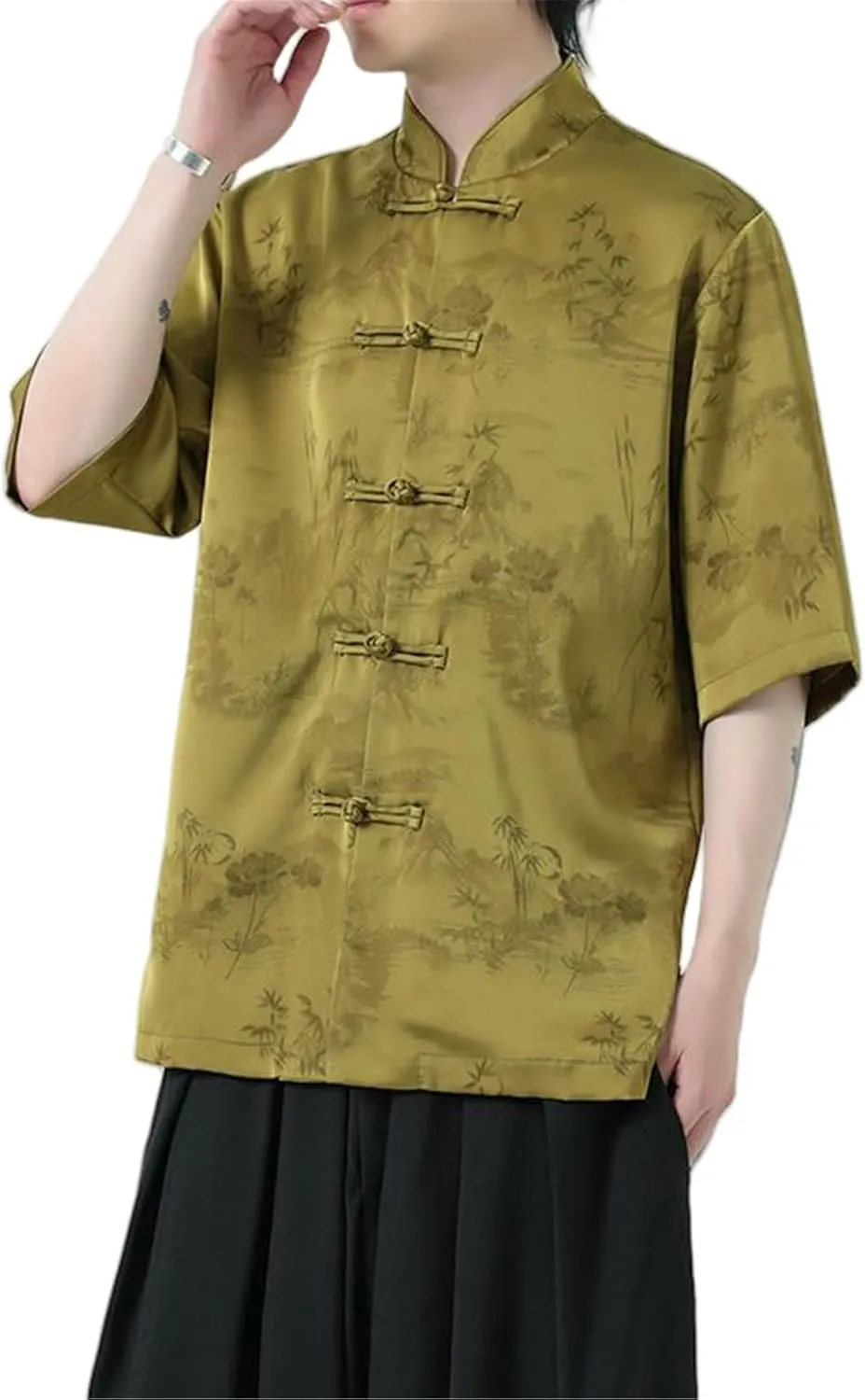 Men's Summer Chinese Style Tang Suit Frog Button Short Sleeve Shirt Lay Buddhist Tea Wear