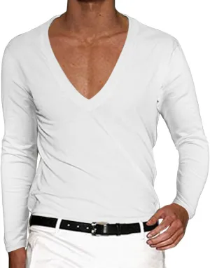 Men's Summer Shirts Long Sleeve Solid Color V Neck Blouse Solid Color Leisure Style Sport Pants Fresh Trendy Tee