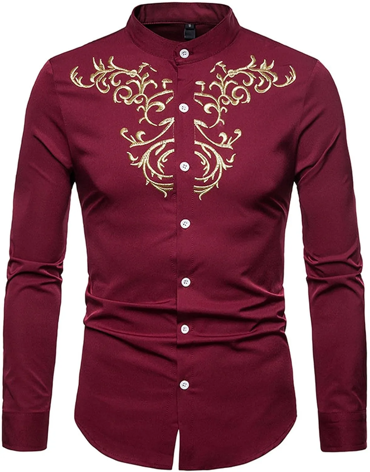 Mens T Shirts Casual Floral Embroidery Long Sleeve Dress Shirt Slim Fit Solid Button Up Tees Shirt Trendy Clothes