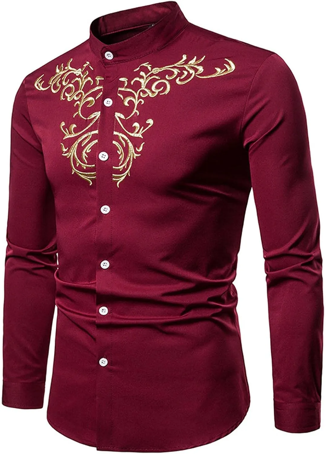 Mens T Shirts Casual Floral Embroidery Long Sleeve Dress Shirt Slim Fit Solid Button Up Tees Shirt Trendy Clothes