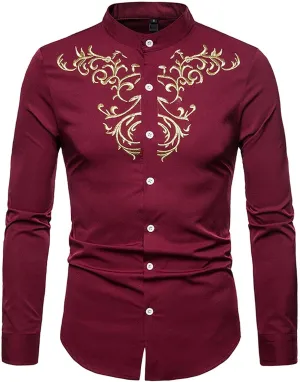 Mens T Shirts Casual Floral Embroidery Long Sleeve Dress Shirt Slim Fit Solid Button Up Tees Shirt Trendy Clothes