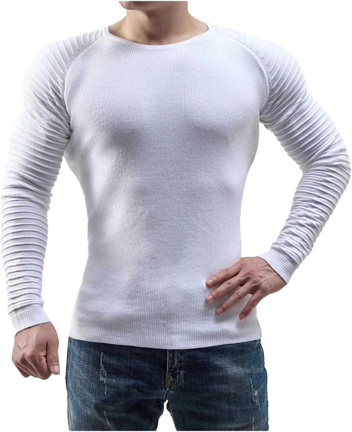 Mens T Shirts Casual Stylish Crew Neck Long Sleeve Muscle Fit Sweater Big and Tall Basic Knitted Solid Work Shirt