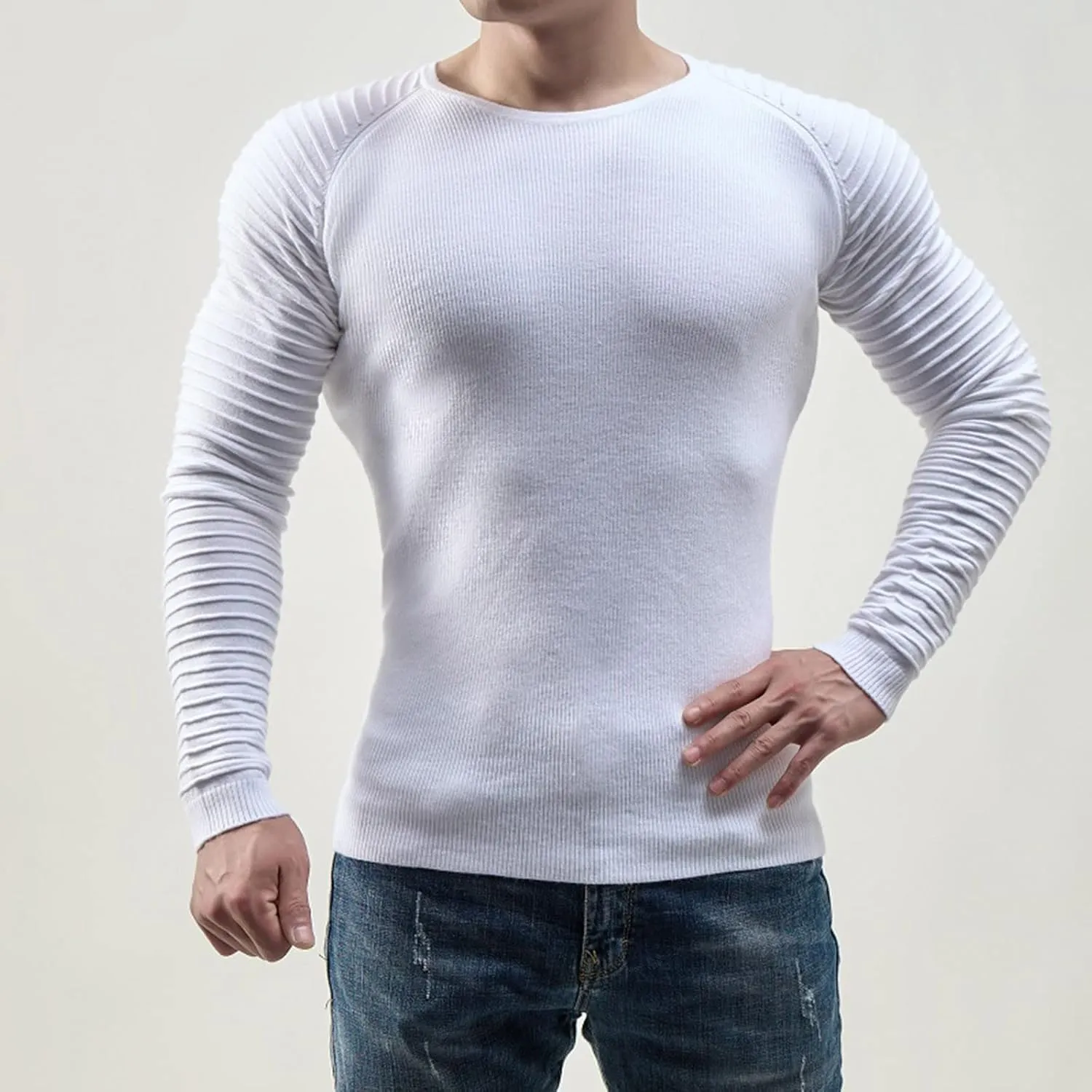 Mens T Shirts Casual Stylish Crew Neck Long Sleeve Muscle Fit Sweater Big and Tall Basic Knitted Solid Work Shirt