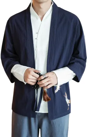 Men's Vintage Kimono Cardigan Cotton Linen Wrap Front Japanese Jinbei Haori Jacket Loose Fit Solid Color Hanfu Top Cover Up