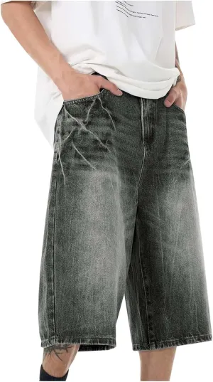 Mens Wide Leg Baggy Jeans Y2K Vintage Casual Fashion Loose Fit Denim Shorts Hip Hop Skater Jeans Streetwear with Pockets
