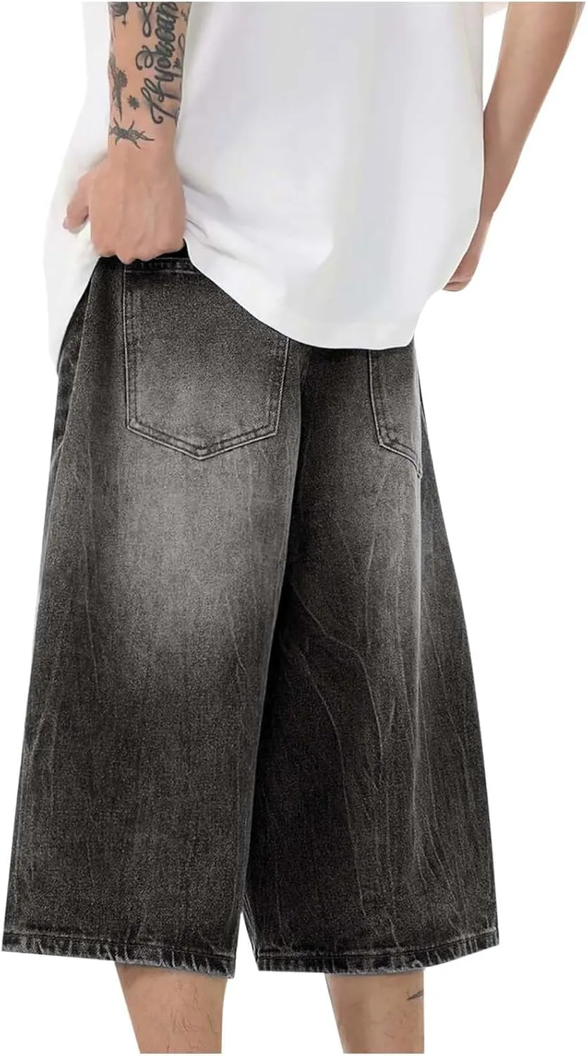 Mens Wide Leg Baggy Jeans Y2K Vintage Casual Fashion Loose Fit Denim Shorts Hip Hop Skater Jeans Streetwear with Pockets