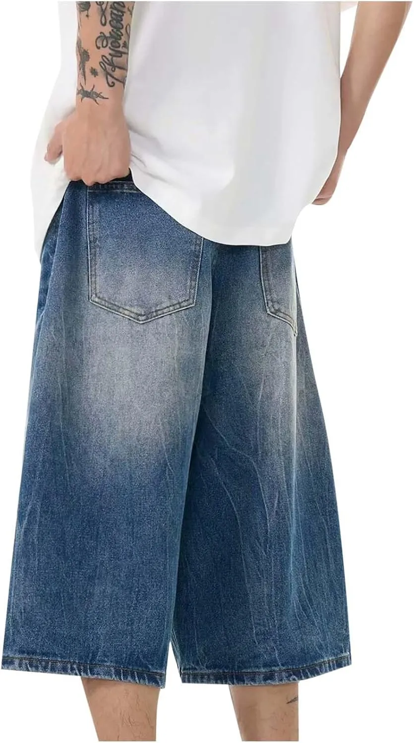 Mens Wide Leg Baggy Jeans Y2K Vintage Casual Fashion Loose Fit Denim Shorts Hip Hop Skater Jeans Streetwear with Pockets