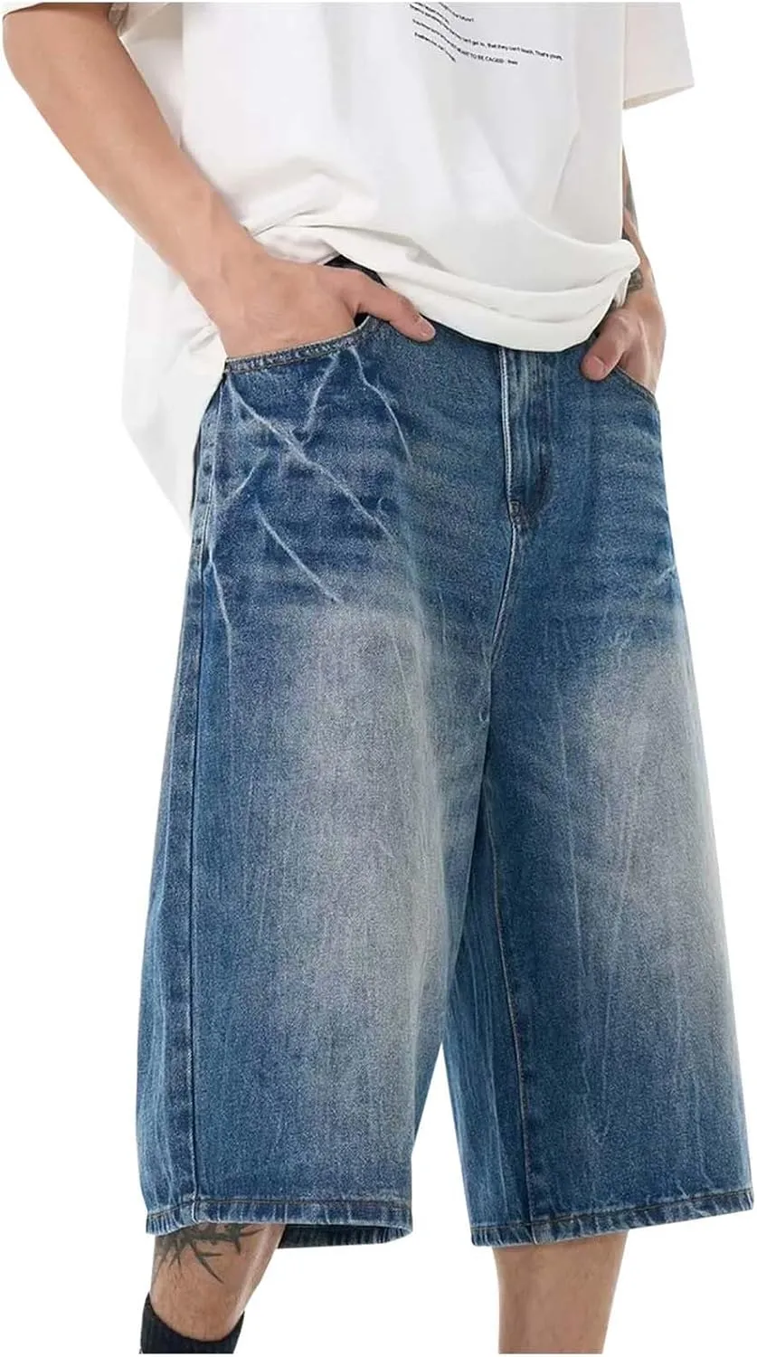 Mens Wide Leg Baggy Jeans Y2K Vintage Casual Fashion Loose Fit Denim Shorts Hip Hop Skater Jeans Streetwear with Pockets