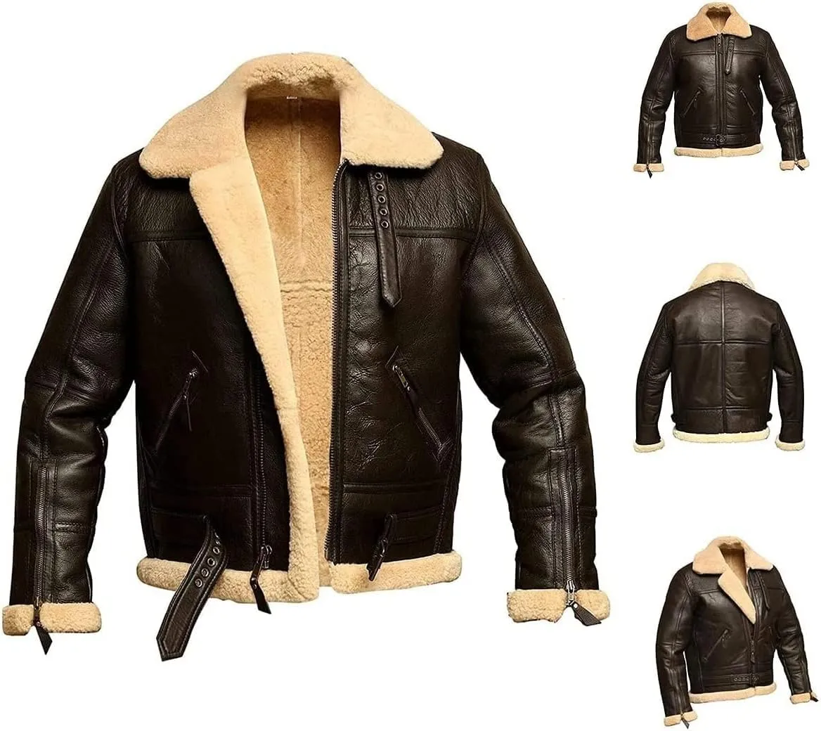 Men's Winter Outdoor Fashion Soft Warm Shearling Lining Flight Sheepskin Aviator Sheepskin Leather Jacket