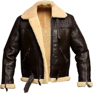 Men's Winter Outdoor Fashion Soft Warm Shearling Lining Flight Sheepskin Aviator Sheepskin Leather Jacket