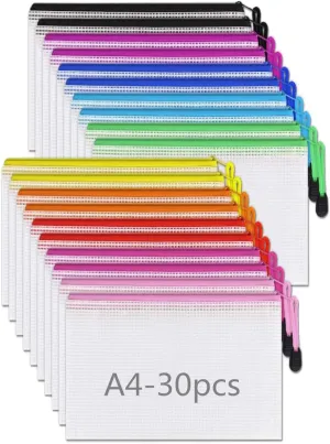 Mesh Zipper Pouch Bag, Plastic Zipper Bags,A4 Size Waterproof Document Pouch for Office Supplies, Arts & Crafts Organizing Storage (10 Colors 30 Pack)