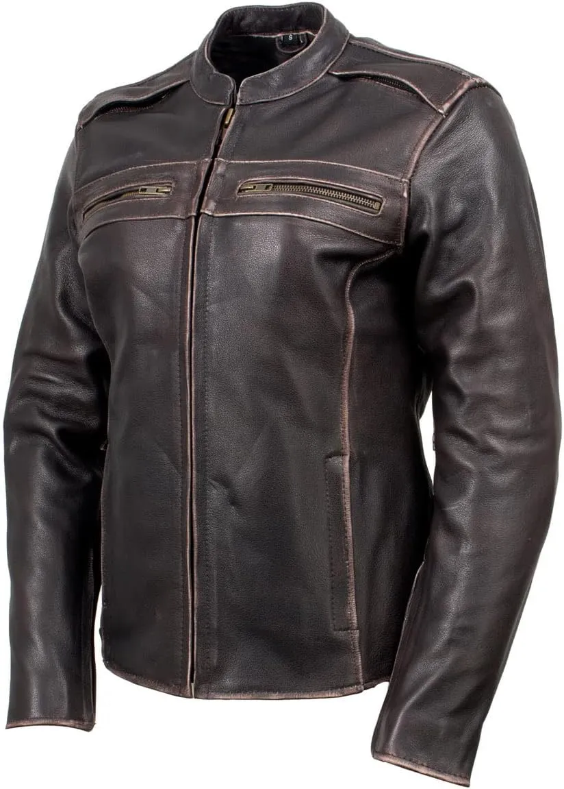 Milwaukee Leather LKL27006 Women's Premium Distress Brown Leather Motorcycle Biker Jacket w/CE Armor Protection - Large