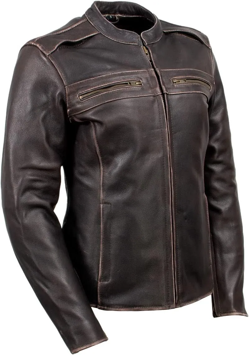 Milwaukee Leather LKL27006 Women's Premium Distress Brown Leather Motorcycle Biker Jacket w/CE Armor Protection - Large