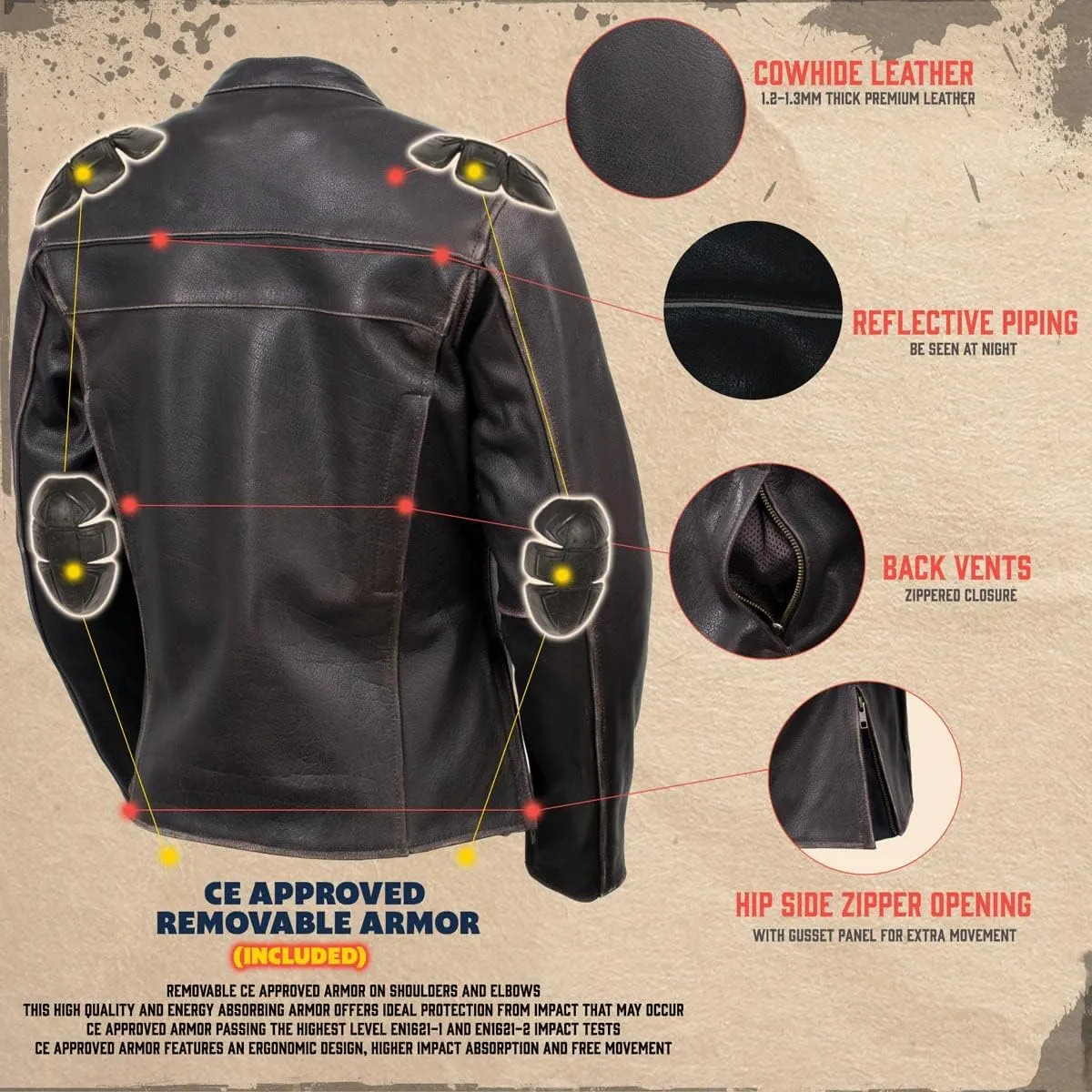 Milwaukee Leather LKL27006 Women's Premium Distress Brown Leather Motorcycle Biker Jacket w/CE Armor Protection - Large