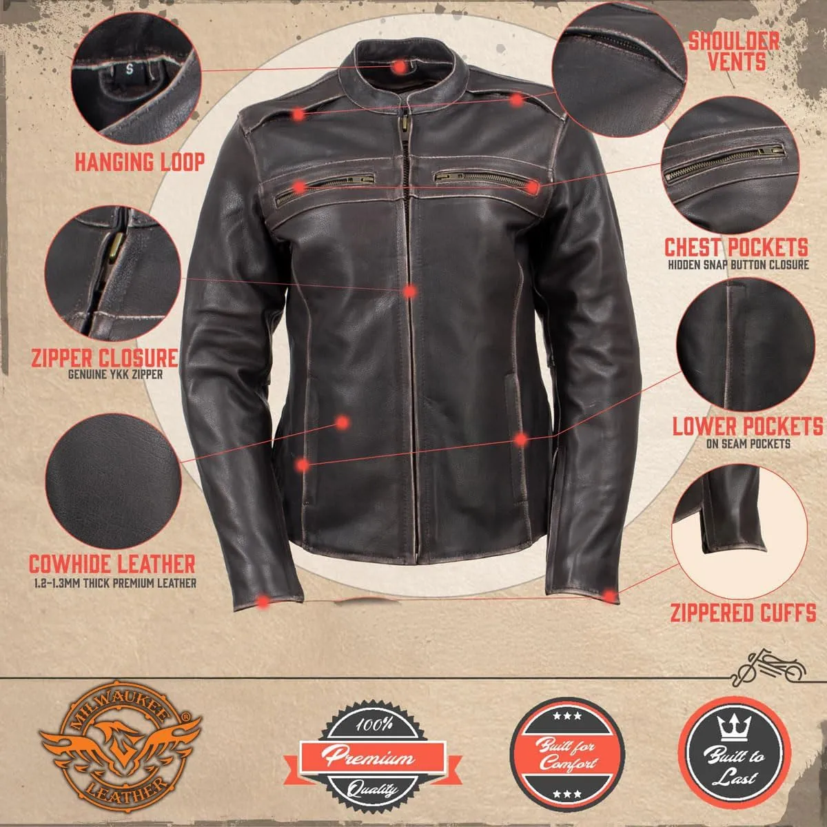 Milwaukee Leather LKL27006 Women's Premium Distress Brown Leather Motorcycle Biker Jacket w/CE Armor Protection - Large