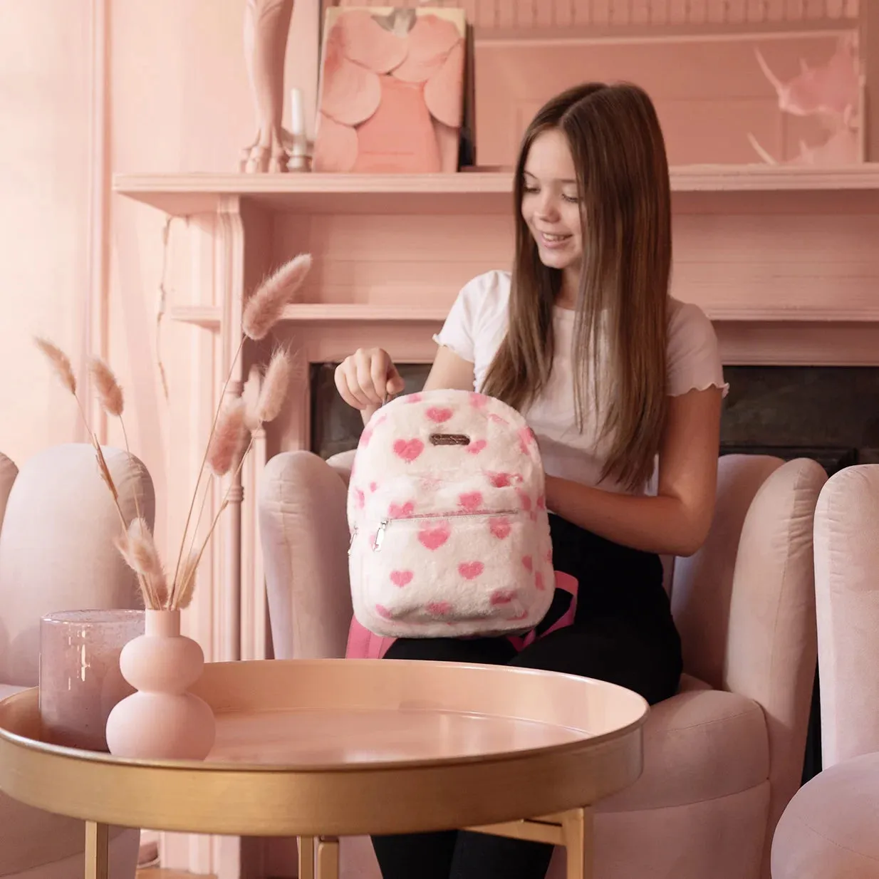 Mini Plush Backpack for Women, Teens and Girls for Work, School, Recreation, Commuting & Traveling in White Heart Plush
