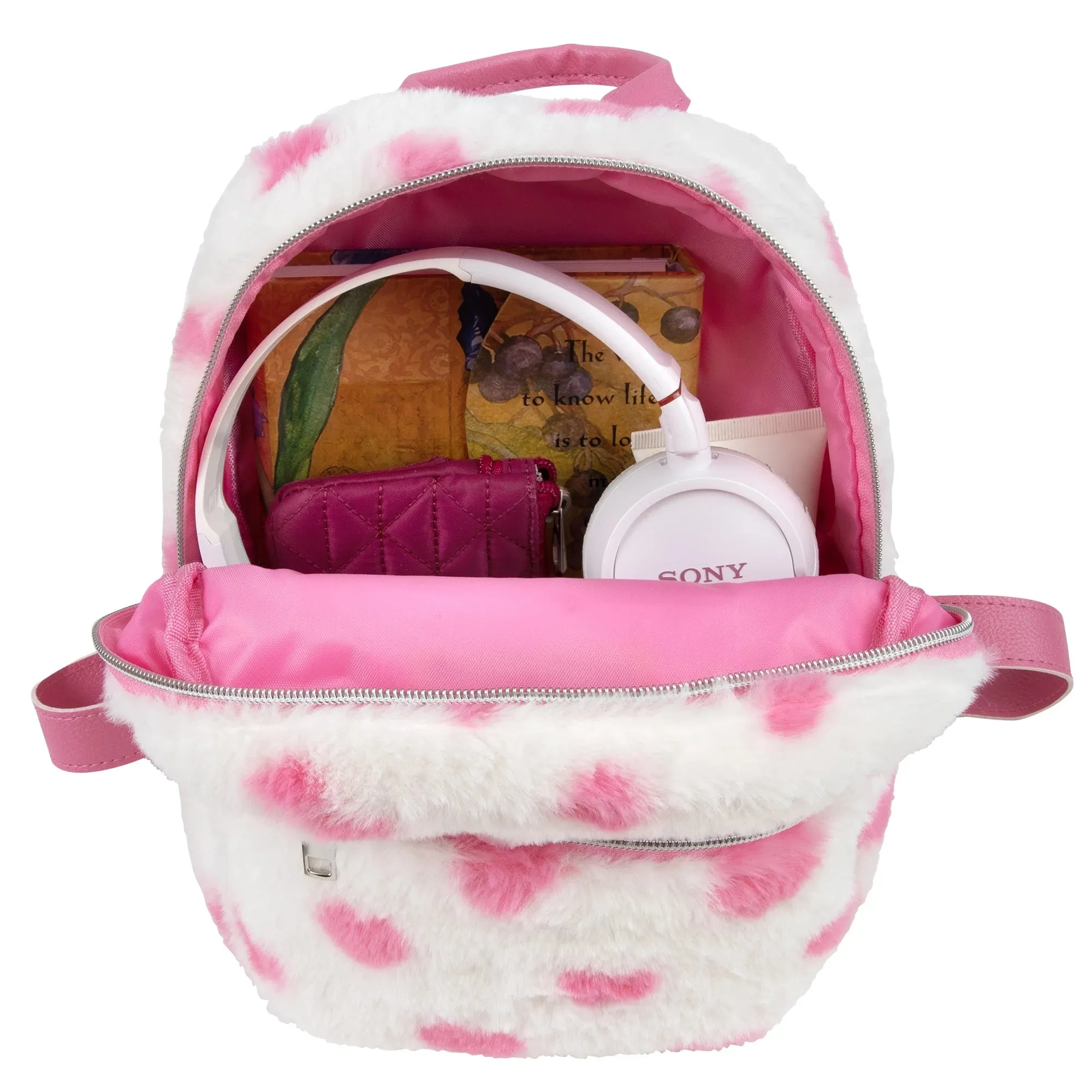 Mini Plush Backpack for Women, Teens and Girls for Work, School, Recreation, Commuting & Traveling in White Heart Plush