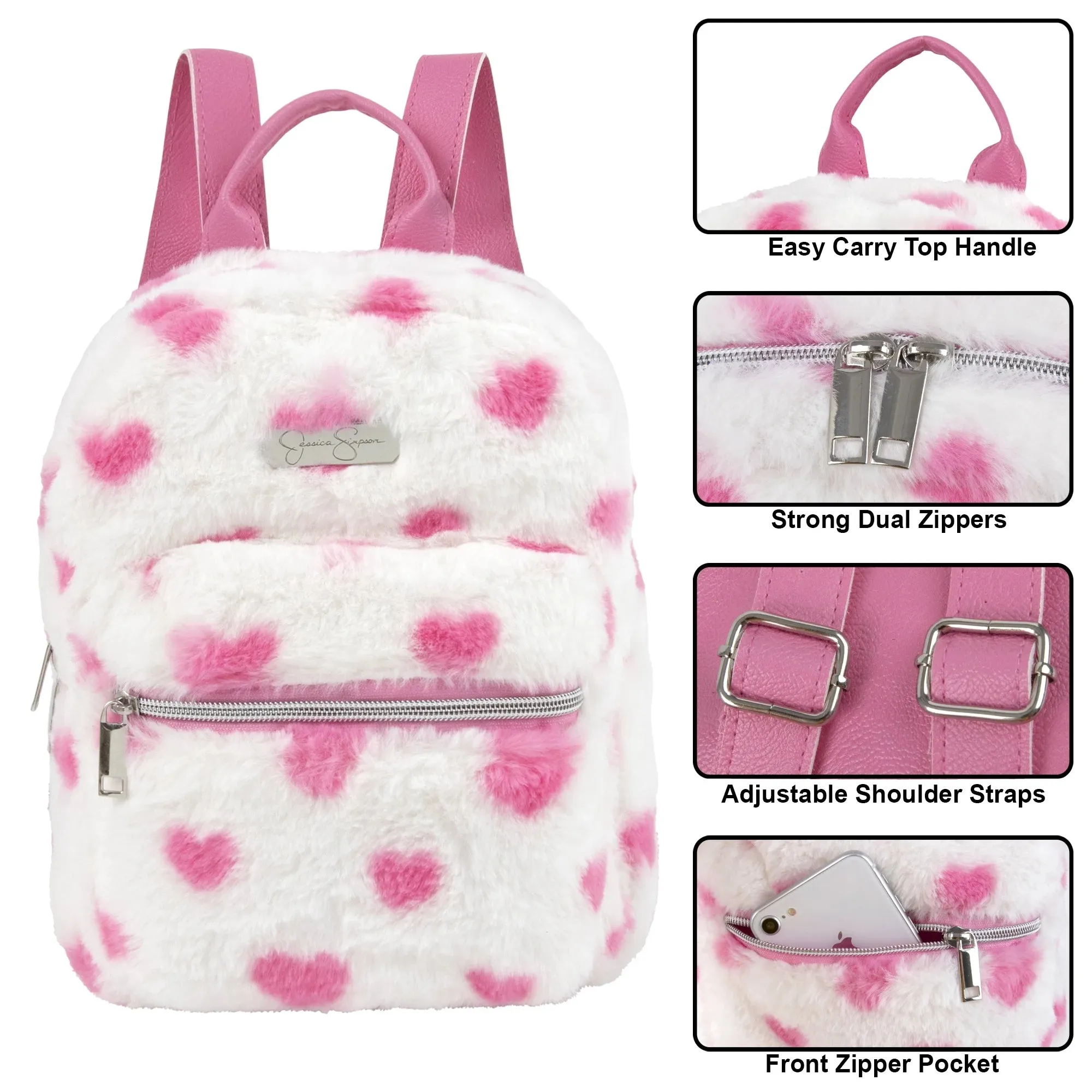 Mini Plush Backpack for Women, Teens and Girls for Work, School, Recreation, Commuting & Traveling in White Heart Plush