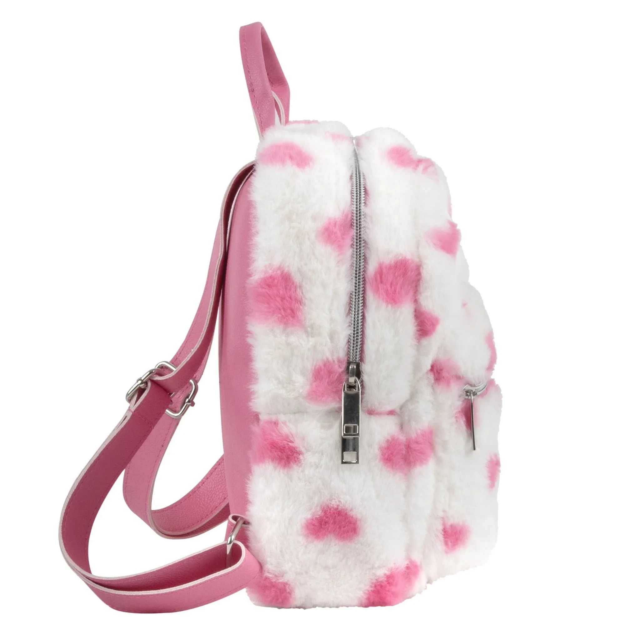 Mini Plush Backpack for Women, Teens and Girls for Work, School, Recreation, Commuting & Traveling in White Heart Plush