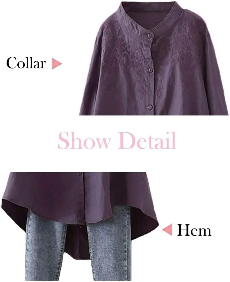Minibee Women's Cotton Linen Shirt High Low Button Down Embroidered Blouse Long Sleeve Tunic Tops