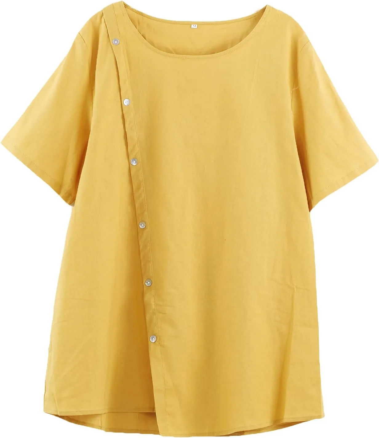 Minibee Women's Linen Blouse Tunic Short Sleeve Shirt Tops With Buttons Decoration