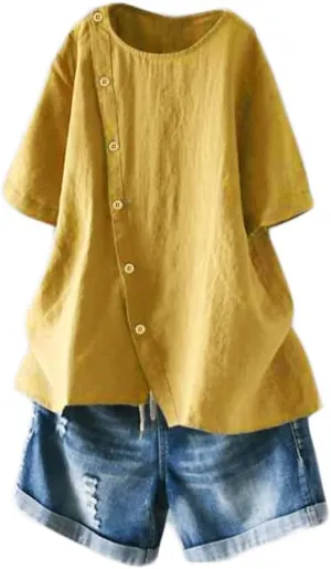 Minibee Women's Linen Blouse Tunic Short Sleeve Shirt Tops With Buttons Decoration