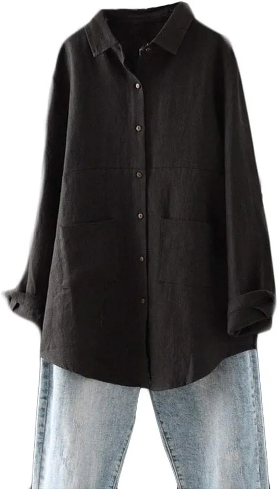 Minibee Women's Linen Shirts Button Down Long Tunic Tops Plus Size Blouse With Pockets