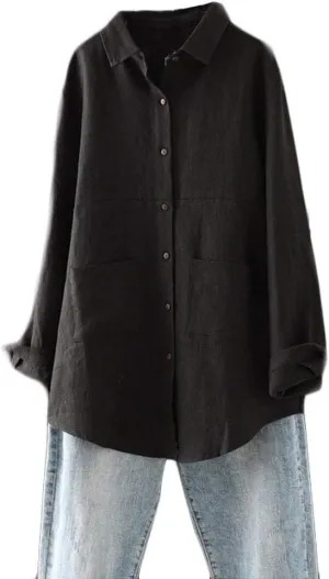Minibee Women's Linen Shirts Button Down Long Tunic Tops Plus Size Blouse With Pockets