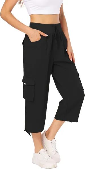 MISS MOLY Women's Cargo Capris Hiking Running Pants Loose Button Decor Lightweight Quick Dry Athletic Outdoor