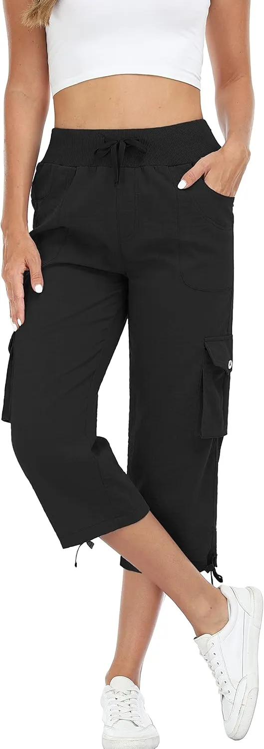 MISS MOLY Women's Cargo Capris Hiking Running Pants Loose Button Decor Lightweight Quick Dry Athletic Outdoor